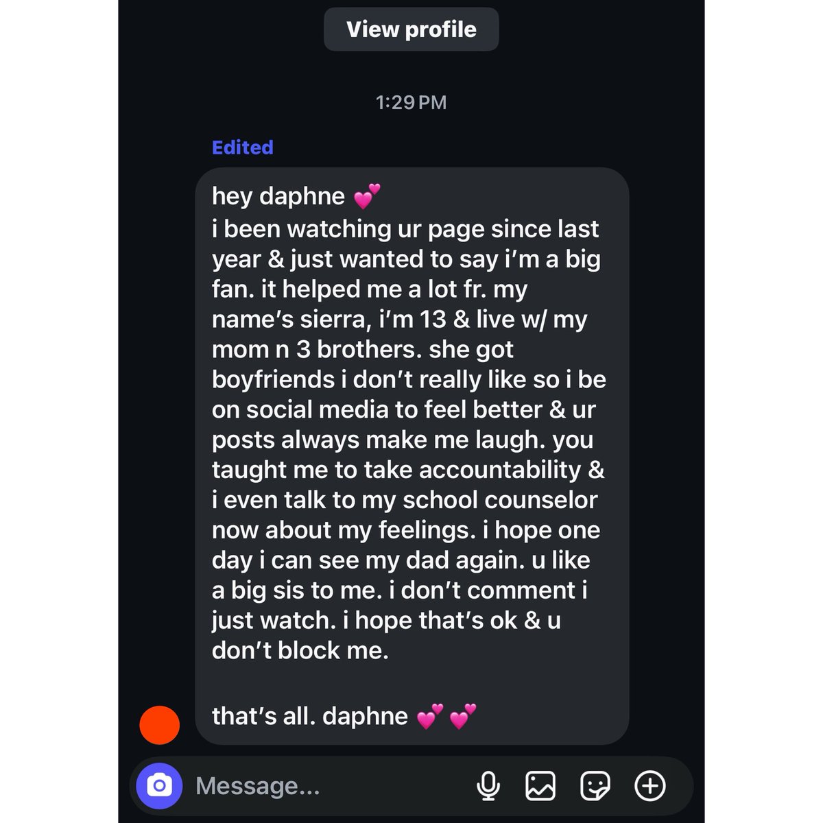 I’m always appreciative of the love I receive. While I’d prefer that only those 18 and older follow me, I can’t control that. Recently, a 13-year-old reached out and said she takes accountability. She’s still a child, and it saddens me that she feels the need to think this way so