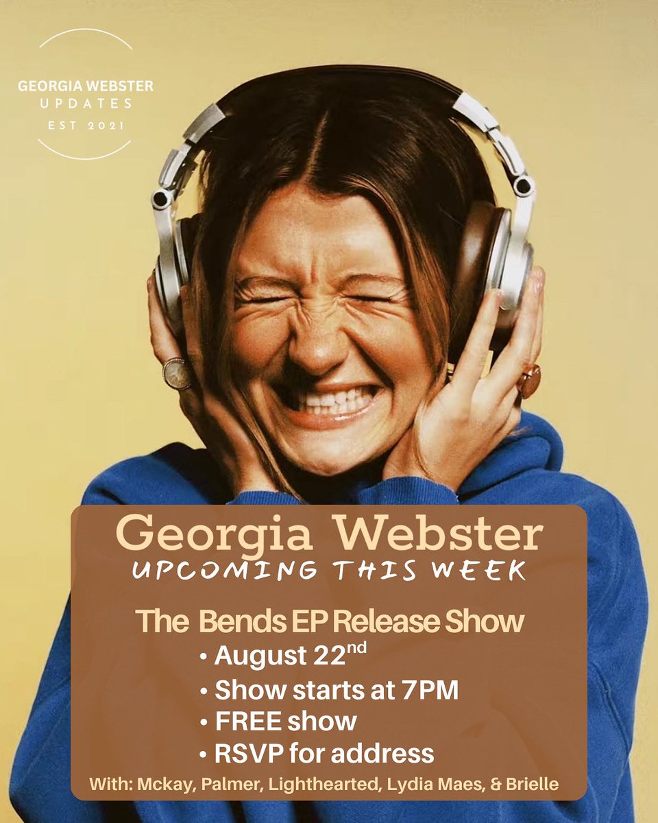 georgiawupdates's tweet photo. NEW SHOW ANNOUNCEMENT!! 

Georgia will be playing at The Bends EP release show on August 22nd in Nashville!! The show is FREE, but you need to RSVP in order to get the address (link in bio) 💙✨

#GeorgiaWebster #Nashville #popmusic #singersongwriter #independentartist https://t.co/wmrMSdNEXO