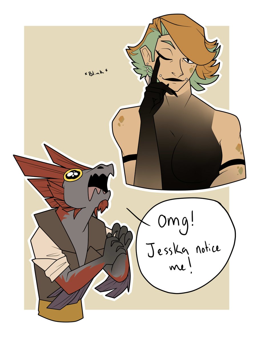 The raptor player wanted to be notice by Jesska the Ancient Copper Dragon

*Yes she blink at him at the end

#dnd #dndcharacter #comic #comicart #dessin #draw #illustration #manga #mangaart #oc #originalcharacter #dragon #raptor