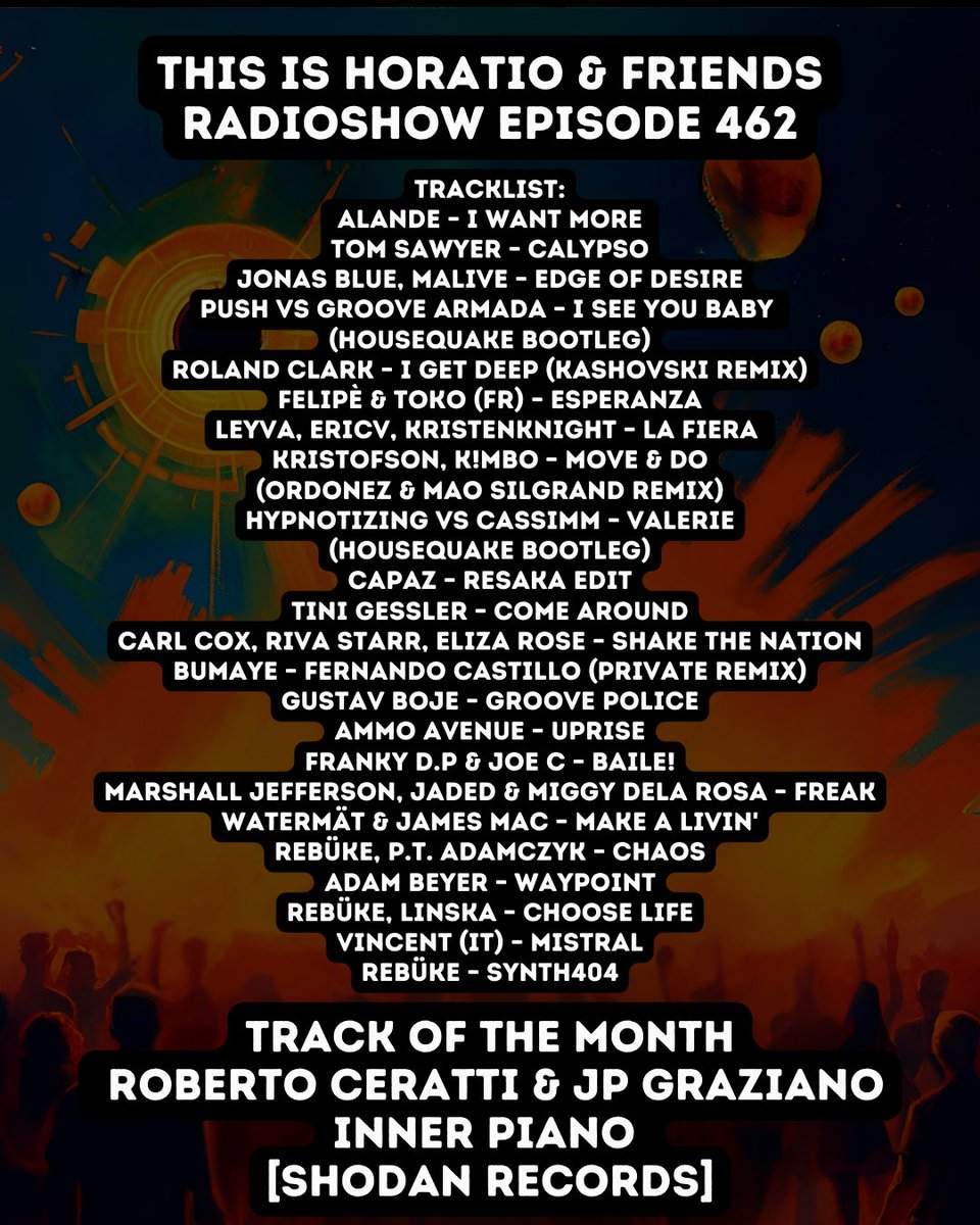 Horatio (@horatiobc) on Twitter photo 🎧 THIS IS HORATIO & FRIENDS – EPISODE 462
🎶 Featuring tracks by:
Roland Clark • <a href="/KristenKnight/">KRISTEN KNIGHT</a> <a href="/TiniGessler/">Tini Gessler</a> <a href="/Carl_Cox/">Carl Cox</a> <a href="/rivastarr/">Riva Starr</a> <a href="/MarshallJeffe12/">MarshallJefferson</a> <a href="/rebukemusic/">Rebūke</a> <a href="/realAdamBeyer/">Adam Beyer</a>
🔗 Listen now: podcasts.apple.com/ca/podcast/thi… 🎧 THIS IS HORATIO & FRIENDS – EPISODE 462
🎶 Featuring tracks by:
Roland Clark • <a href="/KristenKnight/">KRISTEN KNIGHT</a> <a href="/TiniGessler/">Tini Gessler</a> <a href="/Carl_Cox/">Carl Cox</a> <a href="/rivastarr/">Riva Starr</a> <a href="/MarshallJeffe12/">MarshallJefferson</a> <a href="/rebukemusic/">Rebūke</a> <a href="/realAdamBeyer/">Adam Beyer</a>
🔗 Listen now: podcasts.apple.com/ca/podcast/thi…
