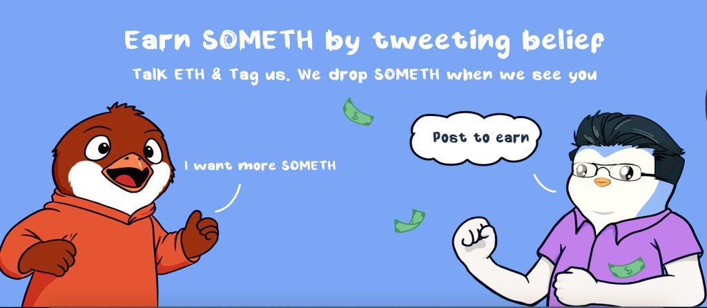 Crazy Alpha Call Here
Rush in while it's hot, guys. 

This Is Strictly For $ETH Believers.
<a href="/somethingcult/">somETHing</a> is turning 1 🎂 … and will be dropping 90% of their tokens to the community! 

 1st belief memecoin on Ethereum
📍 ~$10M MC

What to do?
Post, like, and retweet massively!