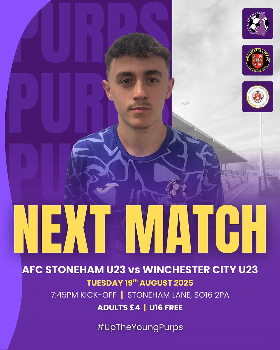 AFC Stoneham Development (@afcstoneham_dev) on Twitter photo ⏭️ | NEXT UP
We start the U23 Premier Division this week, with <a href="/wincityfc/">Winchester City FC</a> U23 the visitors to Stoneham Lane!
⏰ 7:45pm KO
🎟️ Adults £4, U16 FREE
#UpTheYoungPurps 🟣 ⏭️ | NEXT UP
We start the U23 Premier Division this week, with <a href="/wincityfc/">Winchester City FC</a> U23 the visitors to Stoneham Lane!
⏰ 7:45pm KO
🎟️ Adults £4, U16 FREE
#UpTheYoungPurps 🟣