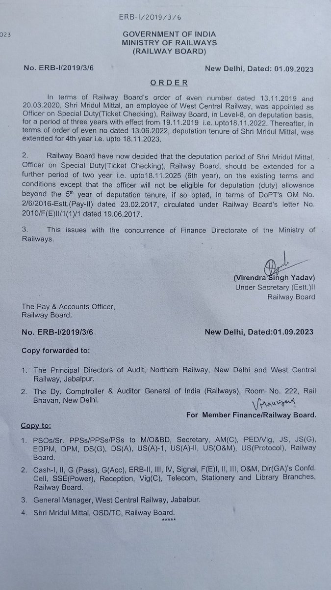 CrusaderRa97521's tweet photo. @AshwiniVaishnaw @RailMinIndia @DrMohanYadav51 @CVCIndia
@RailwaySeva
Shri Mridul Mittal, a  non-gazetted employee *(Chief Ticket Inspector)* of ticket checking cadre(level - 7) of Bhopal Division, was working on deputation on the gazetted post (Level-8) as OSD/TC/Railway Board for the last 06 years.The irony is that thereafter he was redeployed on deputation to Madhya Pradesh Government, whereas Shri Mridul Mittal should have been sent back to his parent cadre i.e.Ticket Checking (level -7) in Bhopal Division for minimum three years.The redeployment of Shri Mittal from one deputation to another without cooling off period is in clear violation of the clear guidelines mentioned in DoPT letter No. 2/11/2016-Estt.(Pay-II) dated 20.07.2018, according to which a minimum cooling off period of 3 years is mandatory between successive deputations.

Please look into the matter.