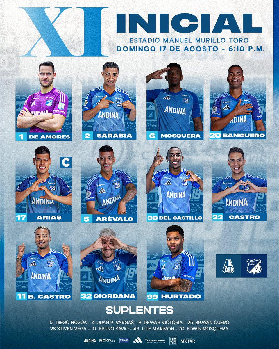 🔵⚽ ¡Vamos todos unidos por la victoria! Ⓜ️🔥

▶ Este es nuestro XI Inicial para enfrentar al Deportes Tolima en el estadio Manuel Murillo Toro.

#HerenciaEmbajadora ✨️
