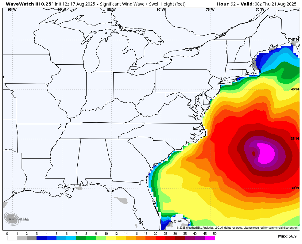 Modeling has 50 foot waves associated with Hurricane Erin this week-but fortunately, well out at sea. However, many Atlantic coast beaches will be subject to high surf, beach erosion, coastal flooding &amp; rip currents as Erin heads north, then east and away from the U.S.