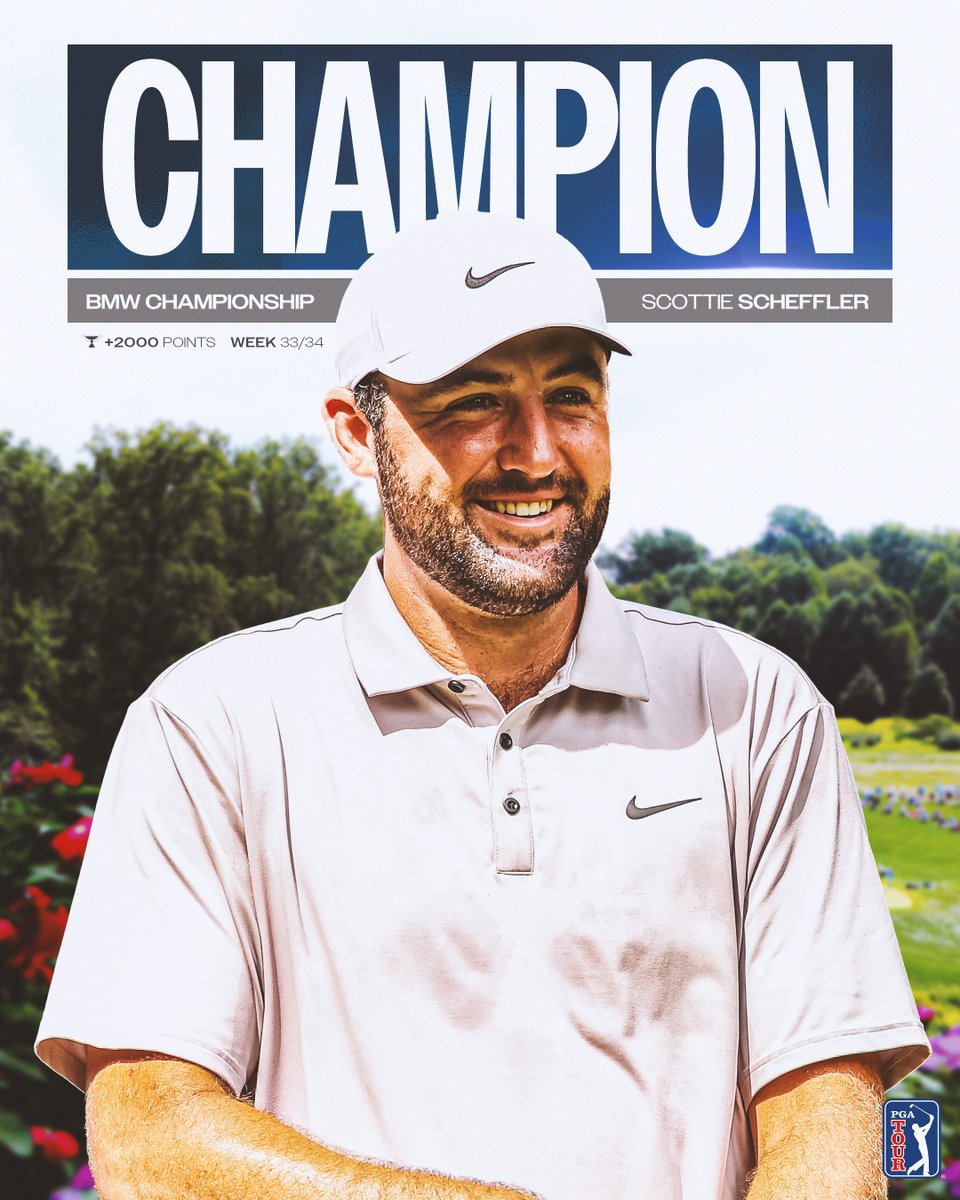 PGA TOUR (@pgatour) on Twitter photo Adding another title heading into the season finale 🏆
FedExCup No. 1 Scottie Scheffler's dominance continues with a victory <a href="/BMWchamps/">BMW Championship</a>! Adding another title heading into the season finale 🏆
FedExCup No. 1 Scottie Scheffler's dominance continues with a victory <a href="/BMWchamps/">BMW Championship</a>!