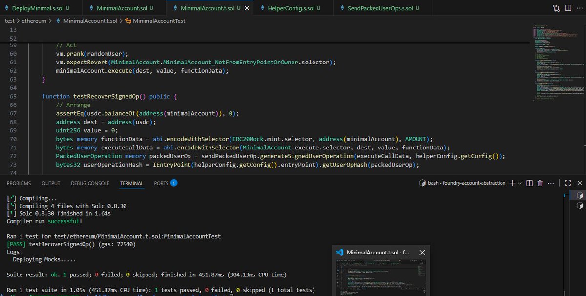 mibunna's tweet image. 🚀Building-In-Public Day 15

# Account-Abstraction

✅Established foundational foundry deployment scripts on AA
✅Wrote some essential tests
✅Correctly signed packedUserOperation in accordance with ERC-4337 standard
@CyfrinUpdraft ❤️ 
#accountabstraction #smartcontract