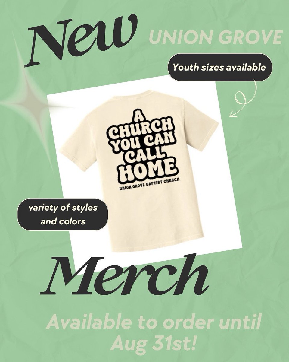 👕🧢 💚 New Union Grove merch is here! From now until August 31, our online store is open with fresh shirts &amp; hats featuring different UG designs.

🛒 Grab yours today &amp; rep Union Grove with purpose! Here is the link with the options - 

uniongrovechurchmerch.itemorder.com/shop/home/