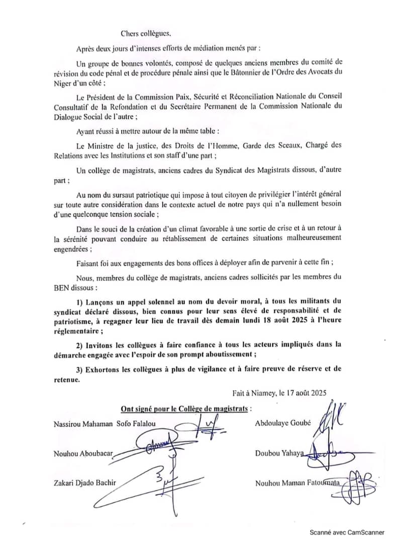 Une bonne nouvelle, nous saluons tous ceux qui se sont mobilisés pour amener le Ministre de la justice et le collège des Magistrats sur la table des négociations dans le seul et unique intérêt du peuple nigérien.
Le Niger a besoin de tous ses fils et filles.