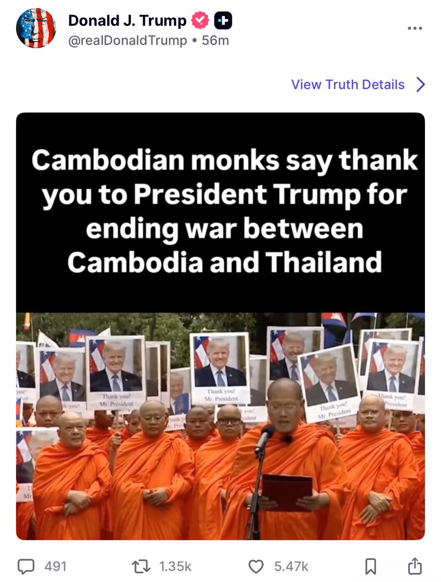 MAGAVoice's tweet photo. HOLY SH*T 🚨 Cambodian Monks thank President Trump for ending the War between Cambodia and Thailand 

Everybody LOVES Trump ❤️ https://t.co/Xp8luMyzRM