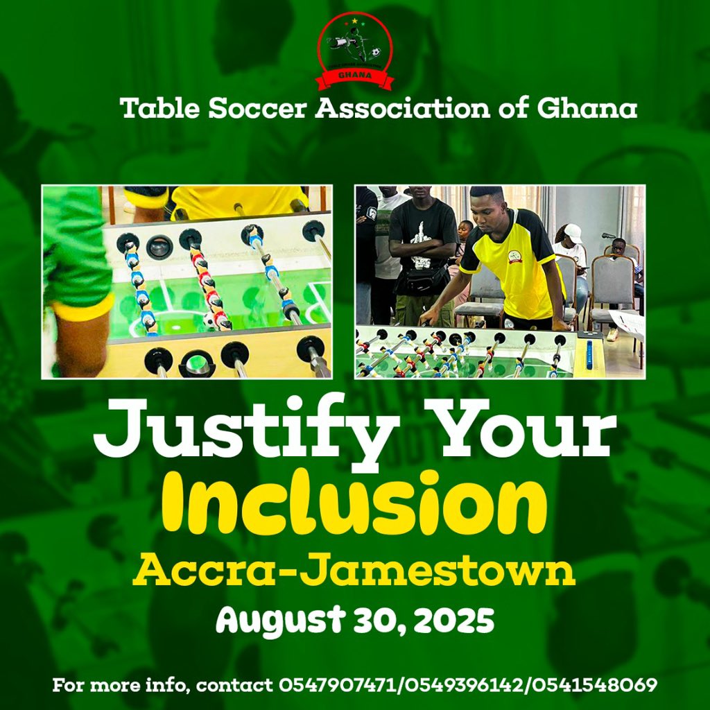 TableSoccer_GH's tweet photo. Think you’ve got the skills? 🎯 It’s time to Justify Your Inclusion! 
Join us in Accra on Aug 30 &amp; Takoradi on Sept 6 as we scout the next stars of Ghana Table Soccer 🇬🇭⚽. 
Don’t just watch, be part of history! 
#TableSoccerGhana #JustifyYourInclusion https://t.co/cajLlWmOqp