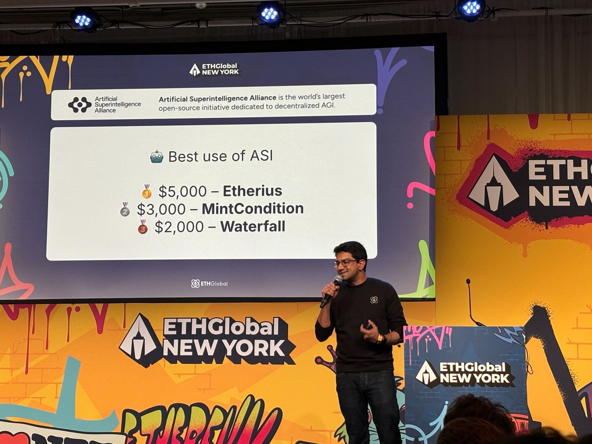 ASI Builders (@asi_builders) on Twitter photo We’re thrilled to wrap up a successful @ethglobal NYC hackathon featuring our <a href="/ASI_Alliance/">Artificial Superintelligence Alliance</a> tech stack!
Developers spent the weekend building projects leveraging our infrastructure to create AI agents that perceive, reason, and act - leveraging infrastructure from <a href="/Fetch_ai/">Fetch.ai</a>, We’re thrilled to wrap up a successful @ethglobal NYC hackathon featuring our <a href="/ASI_Alliance/">Artificial Superintelligence Alliance</a> tech stack!
Developers spent the weekend building projects leveraging our infrastructure to create AI agents that perceive, reason, and act - leveraging infrastructure from <a href="/Fetch_ai/">Fetch.ai</a>,