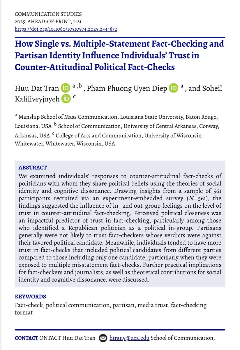 uyendpp's tweet photo. Happy to share our latest paper examining the effectiveness of fact-checks based on their content and format, as well as audiences’ features. We thank @ManshipSchool @MassCommGrad for funding the research and @LSUMediaMEL for supporting the pilot phase. 🧵 https://t.co/f0MFyF2EqU