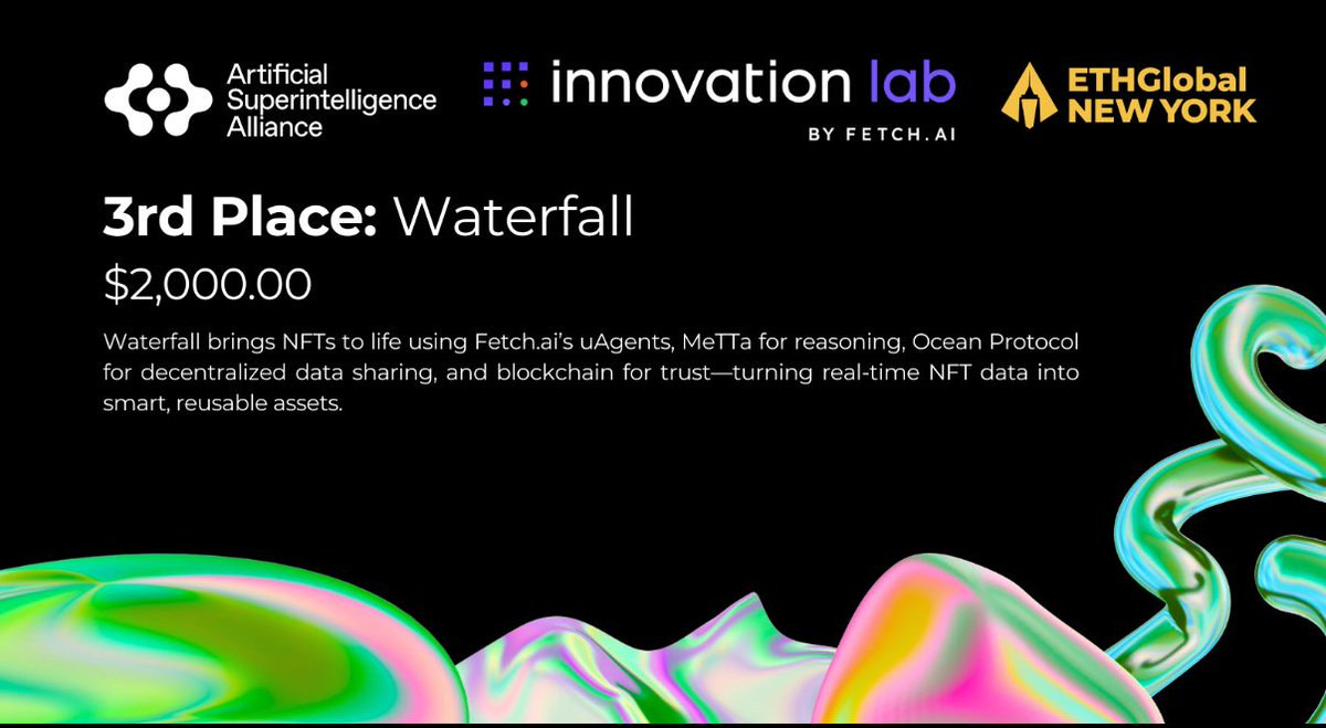 ASI_Builders's tweet photo. Waterfall took home third place ($2,000).

A project that helps bring NFT data to life by combining the power of AI agents, decentralized datasets, and blockchain technology. 

Congrats @DivyanshGoel_17 and @dayitva_goel. 

Find the project here: https://t.co/r56qQLlwbD #ethglobalnyc