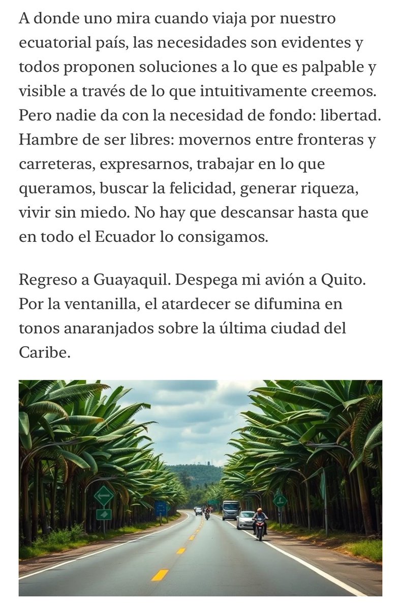 Comparto mi columna de este mes publicada con el @ieepecuador sobre un viaje por la provincia de El Oro. Unos breves relatos sobre paz, oportunidades y libertad.

open.substack.com/pub/ieepec/p/u…