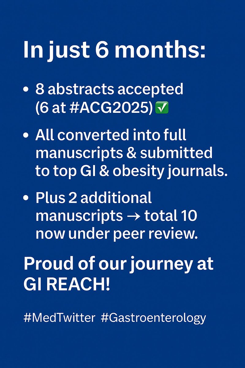 A proud milestone

6 abstracts accepted at #ACG2025, all now submitted as full manuscripts to top GI &amp; obesity journals.

GI REACH is on a mission to expand global collaborations, empower residents &amp; fellows, and launch officially this November.

<a href="/AmCollegeGastro/">ACG</a>