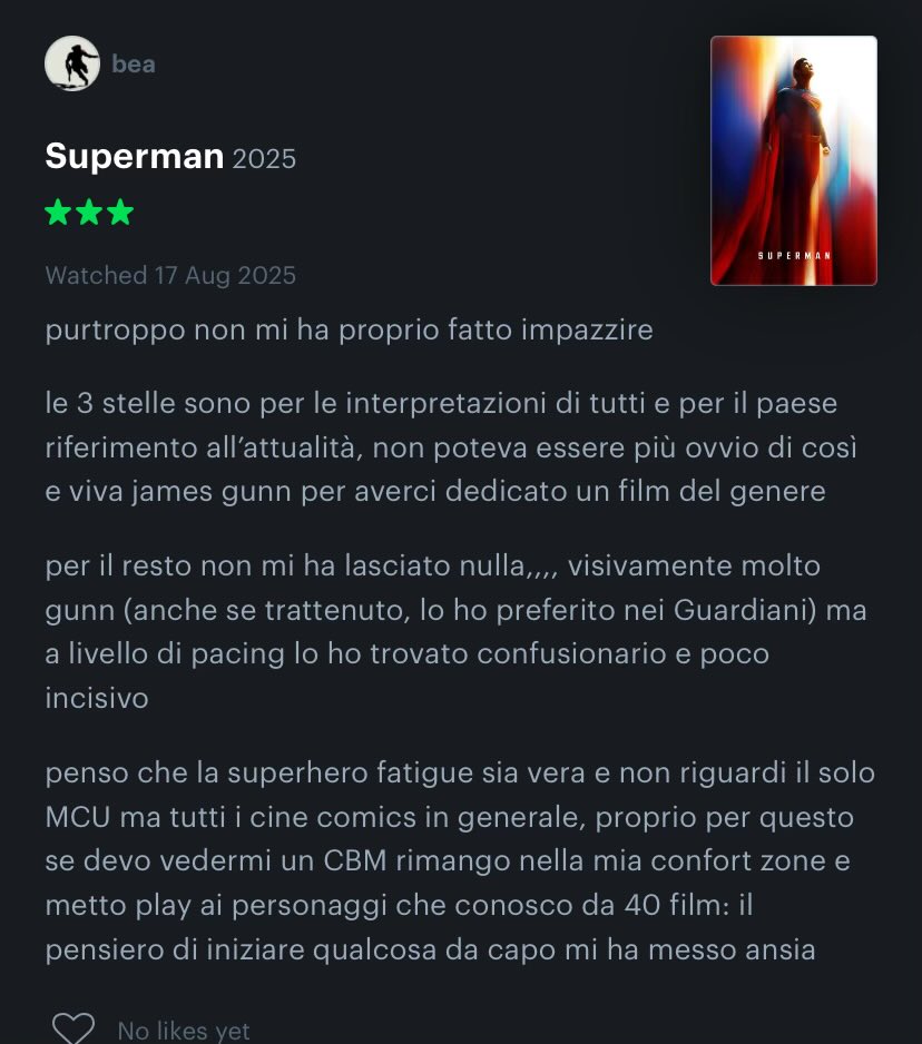 ragazzi purtroppo la superhero fatigue per me è vera e questo film è stato decisamente al di sotto delle aspettative

tirando le somme a livello di 2025 CBM, non solo gli ho preferito thunderbolts (con grande distacco) ma anche fantastici 4 mi è piaciuto di più nonostante difetti