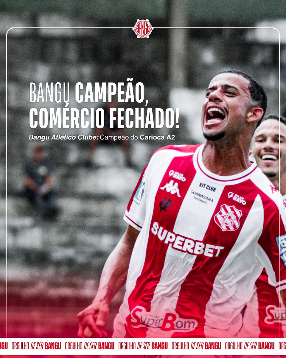 🏆 COMÉRCIO FECHADO! 

Dia de celebrar e parabenizar o <a href="/Banguoficial/">Bangu Atlético Clube</a> pela conquista do título do Campeonato Carioca A2. 
Um orgulho para o nosso bairro e para toda a nossa comunidade. 

Avante, Bangu!!❤️🤍