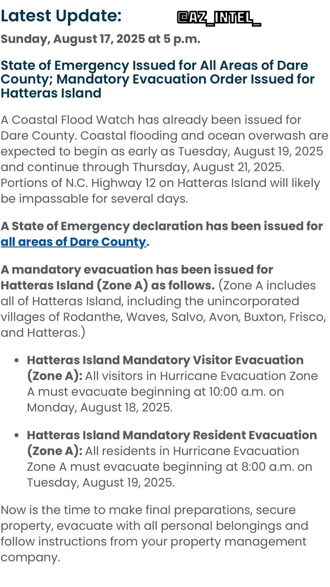 AZ_Intel_'s tweet photo. BREAKING: Mandatory evacuation issued for all of Hatteras Island in North Carolina amid flooding from Hurricane Erin; state of emergency issued for all of Dare County. https://t.co/cQ7QyG9SUD