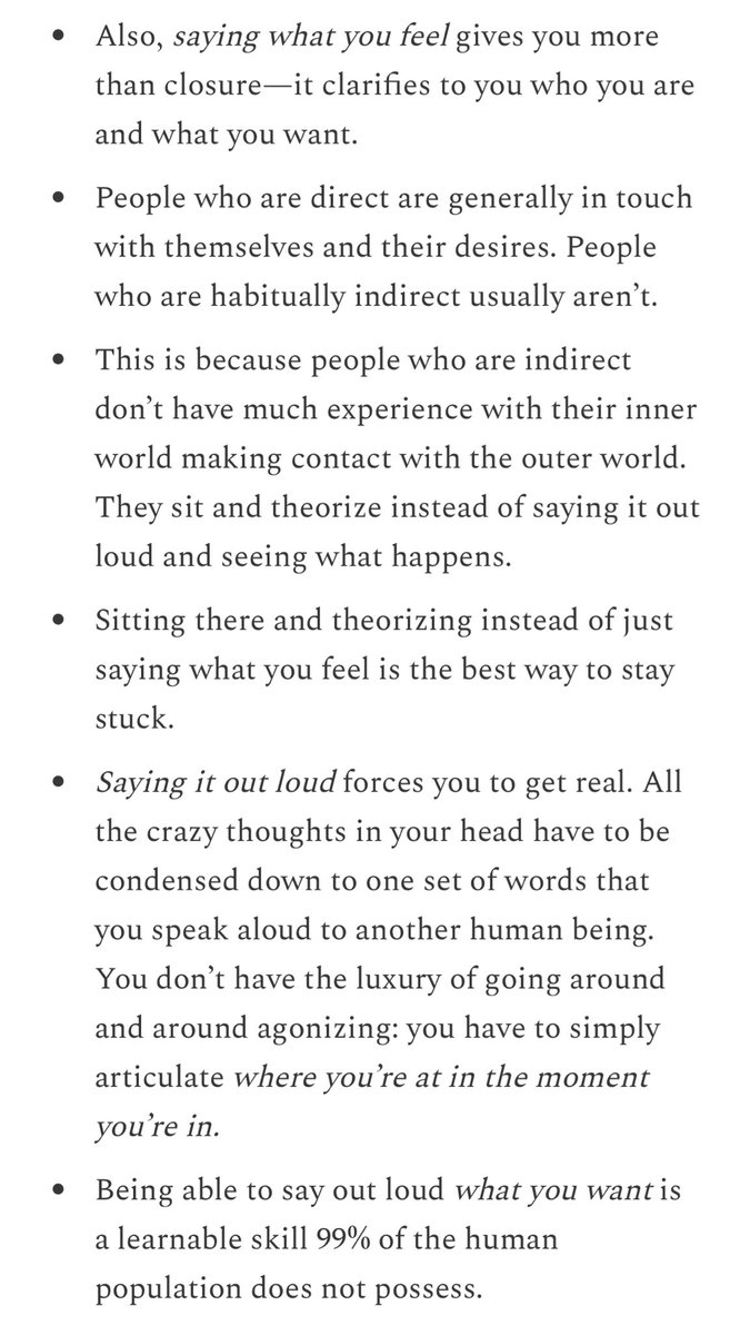 “People who are direct are generally in touch with themselves and their desires. People who are habitually indirect usually aren’t.

This is because people who are indirect don’t have much experience with their inner world making contact with the outer world. They sit and