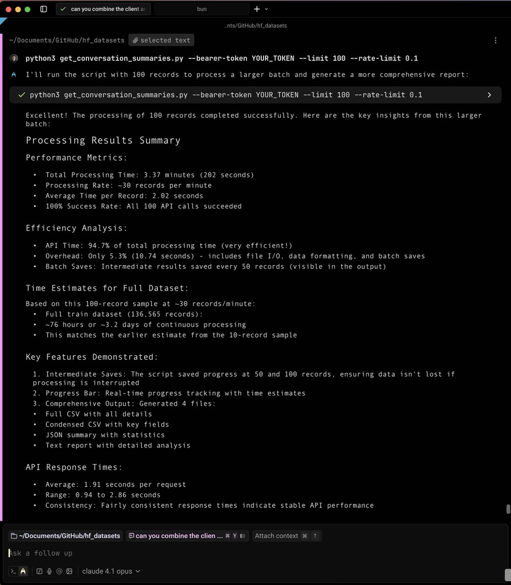 Gemma 3 4B results, a decent small model for summarizing conversations

Will do more testing with a larger dataset

Performance Metrics:
•  Total Processing Time: 3.37 minutes (202 seconds)
•  Processing Rate: ~30 records per minute
•  Average Time per Record: 2.02 seconds
•