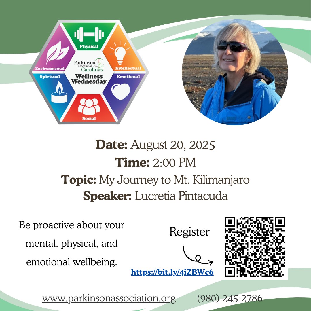 🌿 Wellness Wednesdays! 🌿 
Join us Aug 20 @ 2PM ET on Zoom with Lucretia Pintacuda. Diagnosed with Parkinson’s in 2017, she later climbed Mt. Kilimanjaro to share her journey. Be inspired to climb your own mountain! 
💻 Register: bit.ly/4iZBWc6