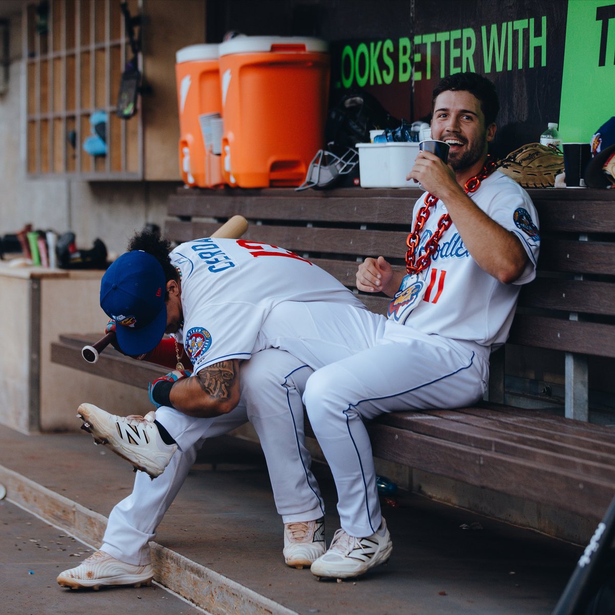 sodpoodles's tweet photo. Yesterday: Cerda trying to get some home run aura from Waldschmidt 

Today: Cerda’s first three-homer game in his professional career https://t.co/A784lnvKkU
