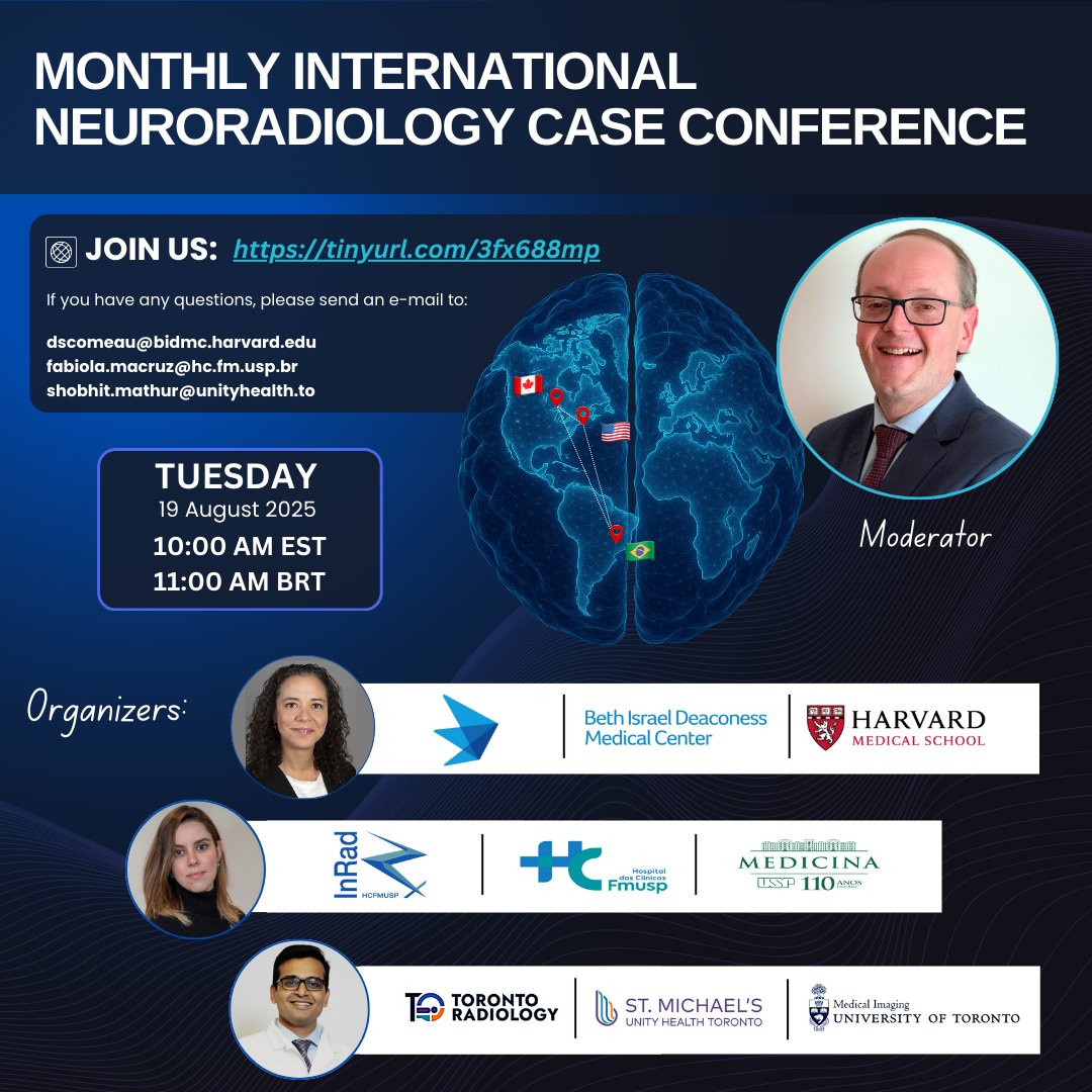 fabiola_macruz's tweet photo. Don’t miss the upcoming session of the Monthly International Neuroradiology Case Conference, moderated by Leandro Tavares Lucato!

 🧠 Tuesday, August 19
 🌍 Challenging cases from the United States 🇺🇸, Brazil 🇧🇷, and Canada 🇨🇦

 👉 Join here: https://t.co/umMiID0UIh https://t.co/AC4ADKaCWV