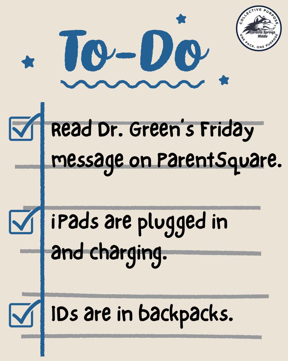Husky Families 🐾
✅ Check Dr. Green’s Friday message on ParentSquare
🔌 Charge those iPads
🎒 IDs in backpacks
Ready for Monday! 💪