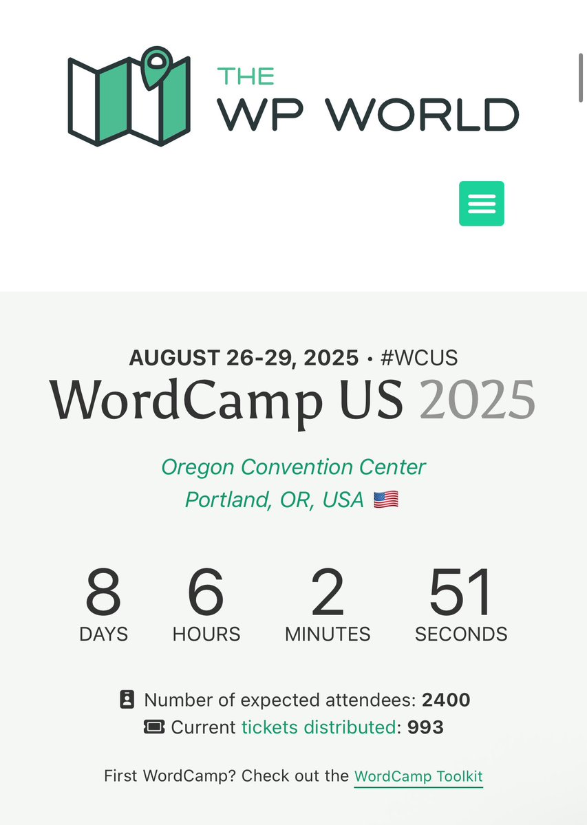 WordCamp US 2024 (#WCUS) (@wordcampus) on Twitter photo 8 days to go! We are almost at the 1,000 attendee mark. It’s going to be a great event, hope to see you there!
Tickets: us.wordcamp.org/2025/tickets/
Source <a href="/twpworld/">The WP World</a>
share.google/MANJYQ73ONtvfM…
#WCUS #WordPress #WordCamp 8 days to go! We are almost at the 1,000 attendee mark. It’s going to be a great event, hope to see you there!
Tickets: us.wordcamp.org/2025/tickets/
Source <a href="/twpworld/">The WP World</a>
share.google/MANJYQ73ONtvfM…
#WCUS #WordPress #WordCamp