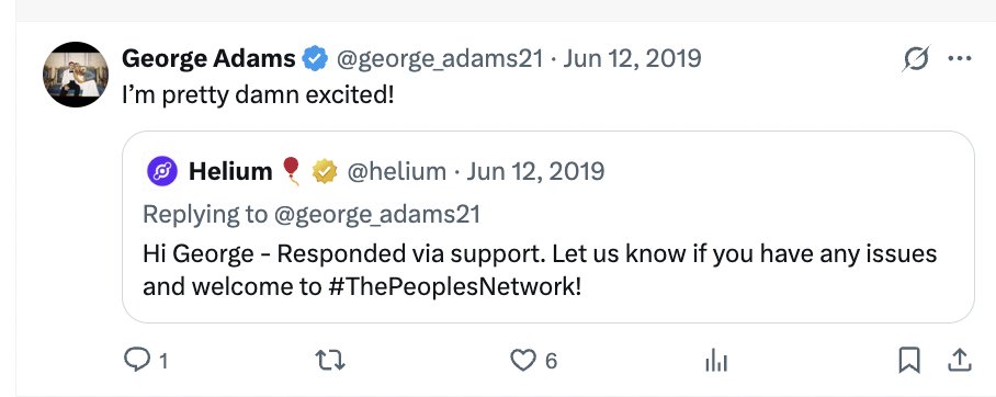 Screenshot of George Adams' 2019 tweet expressing excitement about joining Helium and the project's welcoming reply