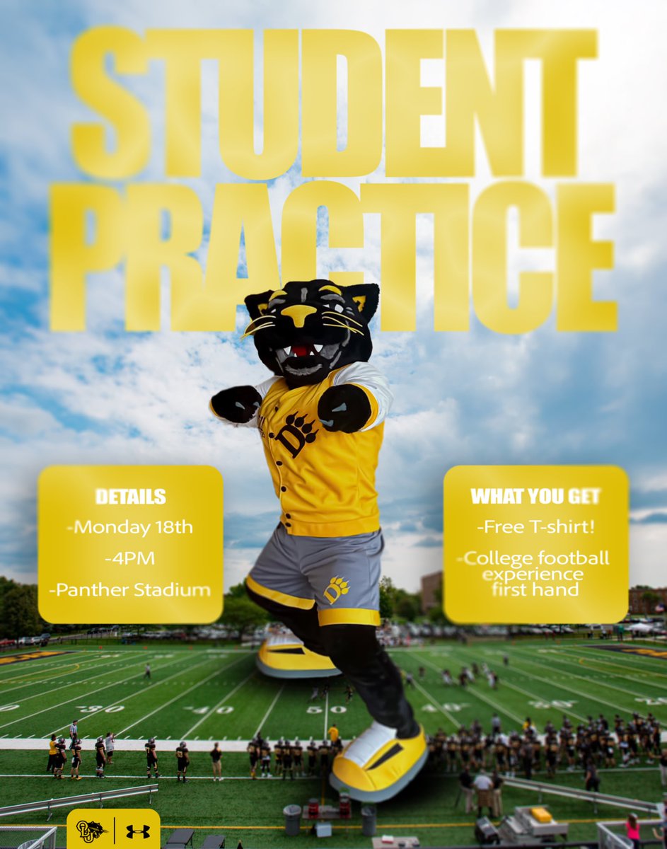 ODU FOOTBALL STUDENT PRACTICE‼️

⏱️ : 4pm
📍: Panther Stadium

Come find out what it takes to be an Ohio Dominican Football Player &amp; receive a free T-Shirt!

Questions ❓Ask any football player❗️

#LetsHunt🐾