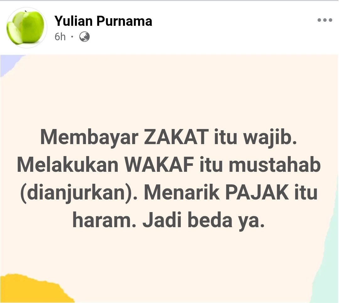 Panggil Saja: 🅰🅱1 (@just_ab1) on Twitter photo Sudah seharusnya...
Seorang muslim mengetahui perbedaan antara:
➖Zakat
➖Wakaf
➖Pajak
Dua yg awal, hukumnya wajib & mustahab.
Tetapi, hukumnya pajak adalah haram.
Dan...
Pajak TIDAKLAH sama dengan zakat.
Wallaahu a'lam.
SS dari status ustadz <a href="/kangaswad/">Yulian Purnama</a> hafidzahullaah. Sudah seharusnya...
Seorang muslim mengetahui perbedaan antara:
➖Zakat
➖Wakaf
➖Pajak
Dua yg awal, hukumnya wajib & mustahab.
Tetapi, hukumnya pajak adalah haram.
Dan...
Pajak TIDAKLAH sama dengan zakat.
Wallaahu a'lam.
SS dari status ustadz <a href="/kangaswad/">Yulian Purnama</a> hafidzahullaah.