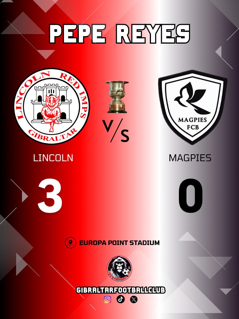 Pepe Reyes Cup 2025🏆
<a href="/LincolnRedImps/">Lincoln Red Imps FC</a> 🆚 <a href="/BrunosMagpies/">FCB Magpies</a> 

⚽️ Kike Gomez 19’, Lee Chipolina 53’
 T.D. Barr 90’+5 

Lincoln is the champion of the Pepe Reyes trophy. “The reds” take the first title of this new season. 

#LRI #lincolnredimps #pepereyescup #fcbmagpies #europapoint