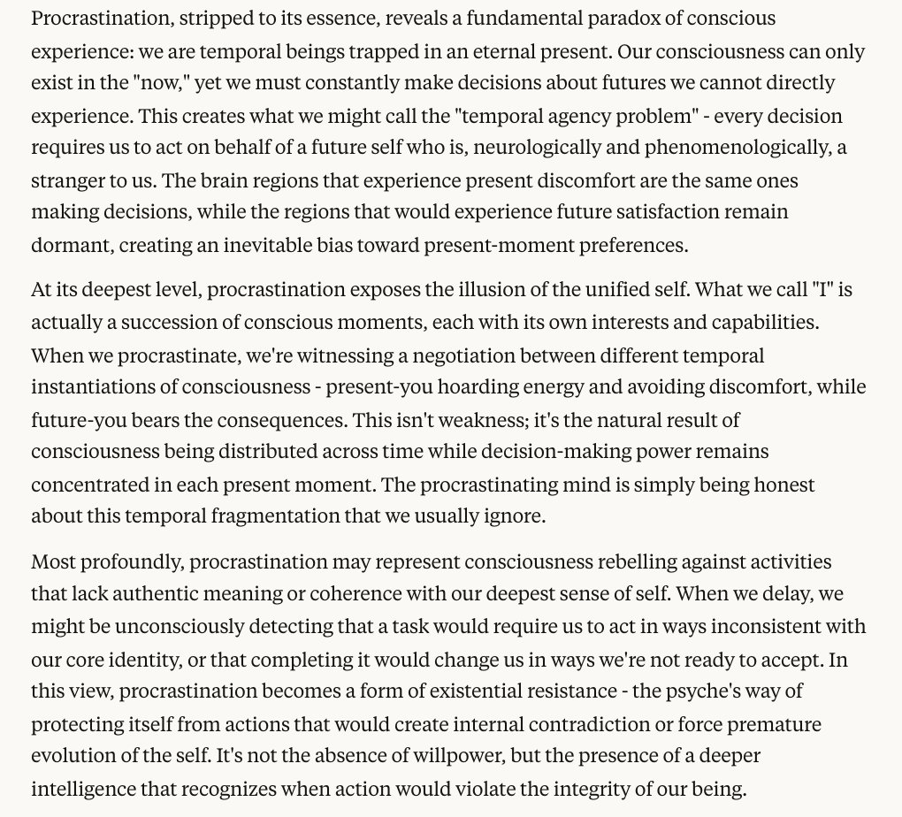 PromptLLM's tweet image. Prompt: What is procrastination from a first principle thinking perspective?