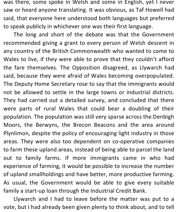 FutureWales2033's tweet photo. An excerpt from "A Week in Future Wales" about a debate in the Senedd on the topic of immigration... written in 1957 and set in 2033:

[Note the "every person of Welsh descent in any country of the British Commonwealth"...] https://t.co/mqXHUvSANu