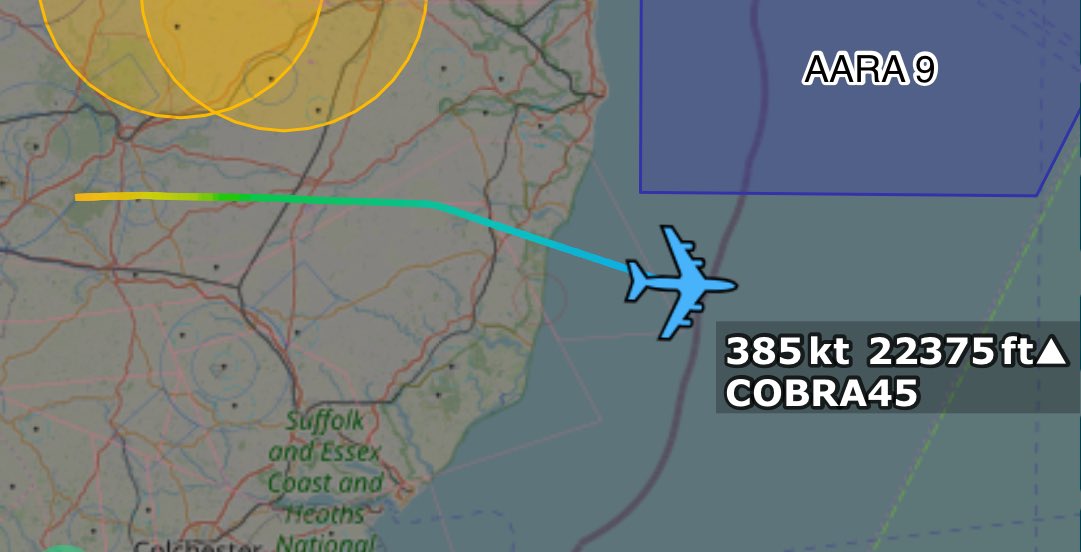 Andyyyyrrrr's tweet photo. 23:19 COBRA 45 USAF WC-135/R Constant Phoenix 
Departed from RAF Mildenhall eastbound (potentially to Al Udeid #OTBH)
Working London Control 135.425
#COBRA45 Tail : 64-14829 https://t.co/GZZypQ4L5N