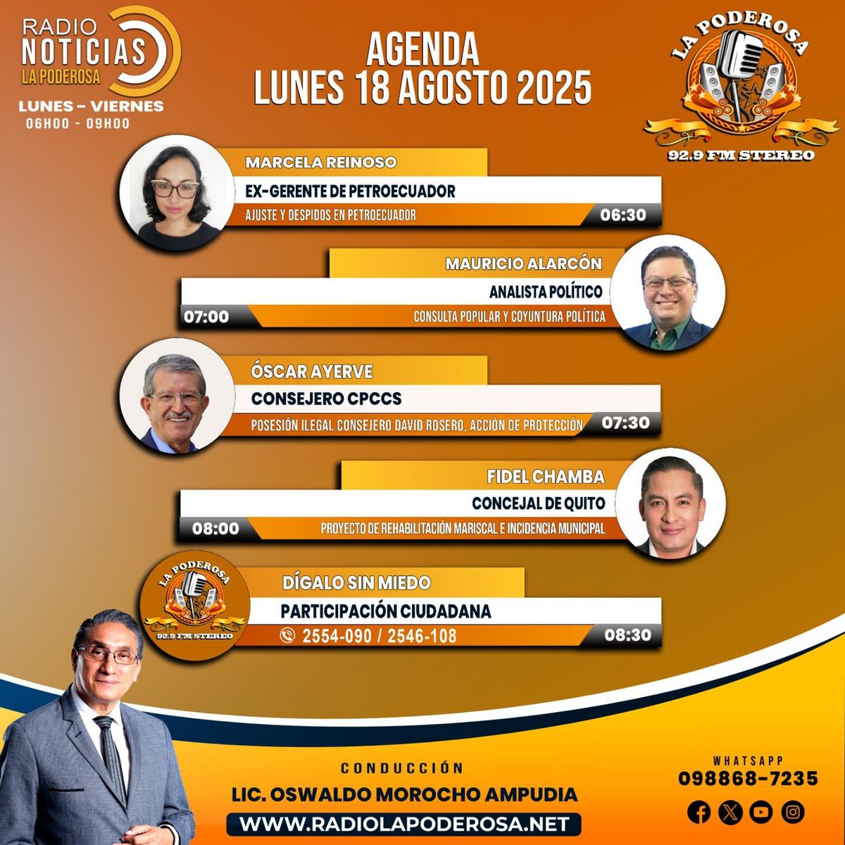 Oswaldo Morocho (@oswaldomorocho1) on Twitter photo 📢Mañana volvemos al ruedo luego de un fin de semana lleno de polémicas. Entrevistaremos a <a href="/marcela_reinoso/">Marcela</a>, <a href="/aiarconsalvador/">Mauricio Alarcón-Salvador</a>, @OscarAyerv y <a href="/fidelchambav/">Fidel Chamba V</a>. Acompáñenme desde las 6 hasta las 9 am por <a href="/radiolapoderosa/">Radio La Poderosa</a> 92.9 FM, junto con <a href="/DavidMorochoVe/">David Morocho Velastegui</a> 👇👇 📢Mañana volvemos al ruedo luego de un fin de semana lleno de polémicas. Entrevistaremos a <a href="/marcela_reinoso/">Marcela</a>, <a href="/aiarconsalvador/">Mauricio Alarcón-Salvador</a>, @OscarAyerv y <a href="/fidelchambav/">Fidel Chamba V</a>. Acompáñenme desde las 6 hasta las 9 am por <a href="/radiolapoderosa/">Radio La Poderosa</a> 92.9 FM, junto con <a href="/DavidMorochoVe/">David Morocho Velastegui</a> 👇👇