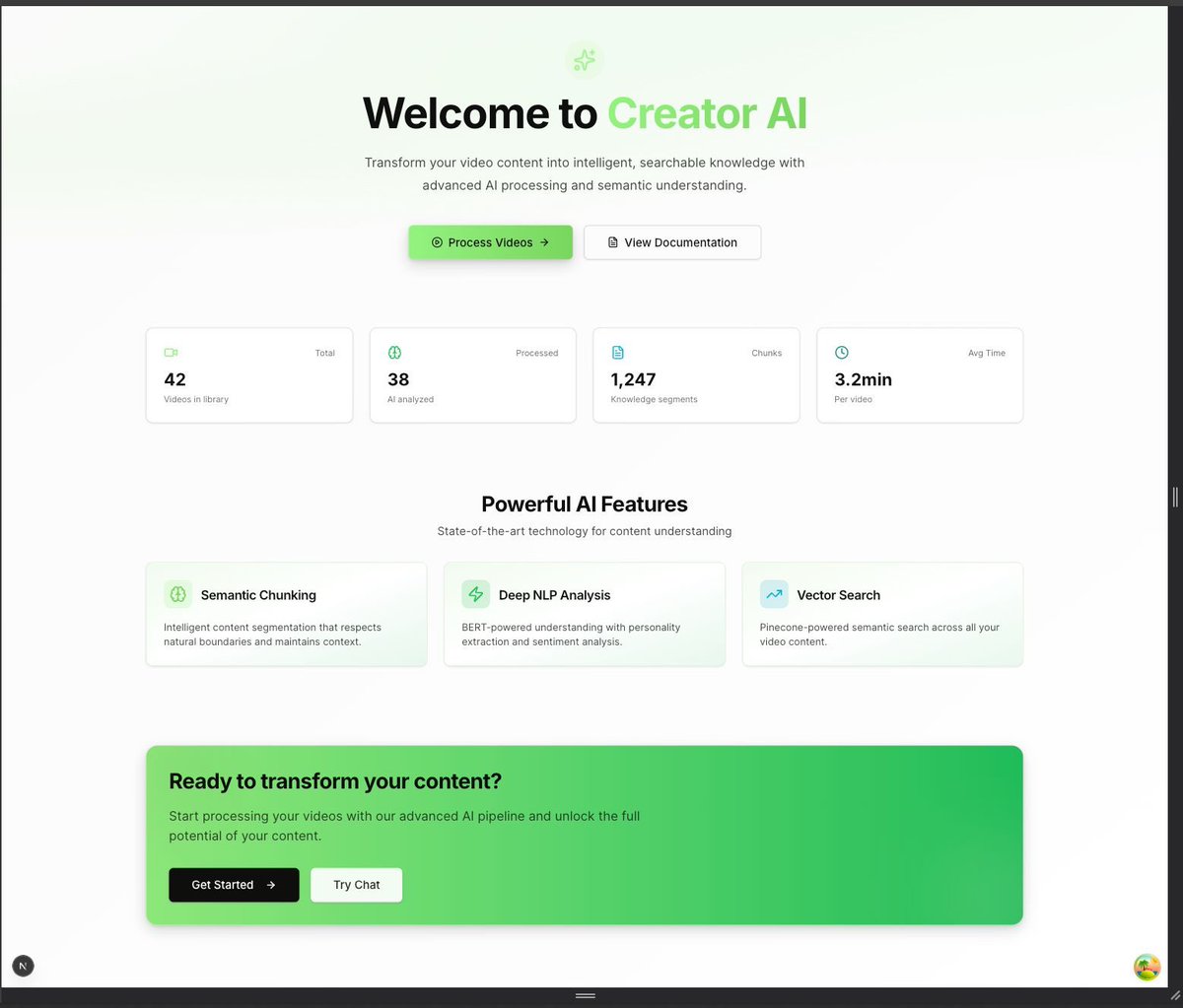 Creator AI 대시보드 스크린샷: 비디오 처리 통계 및 AI 기능 표시