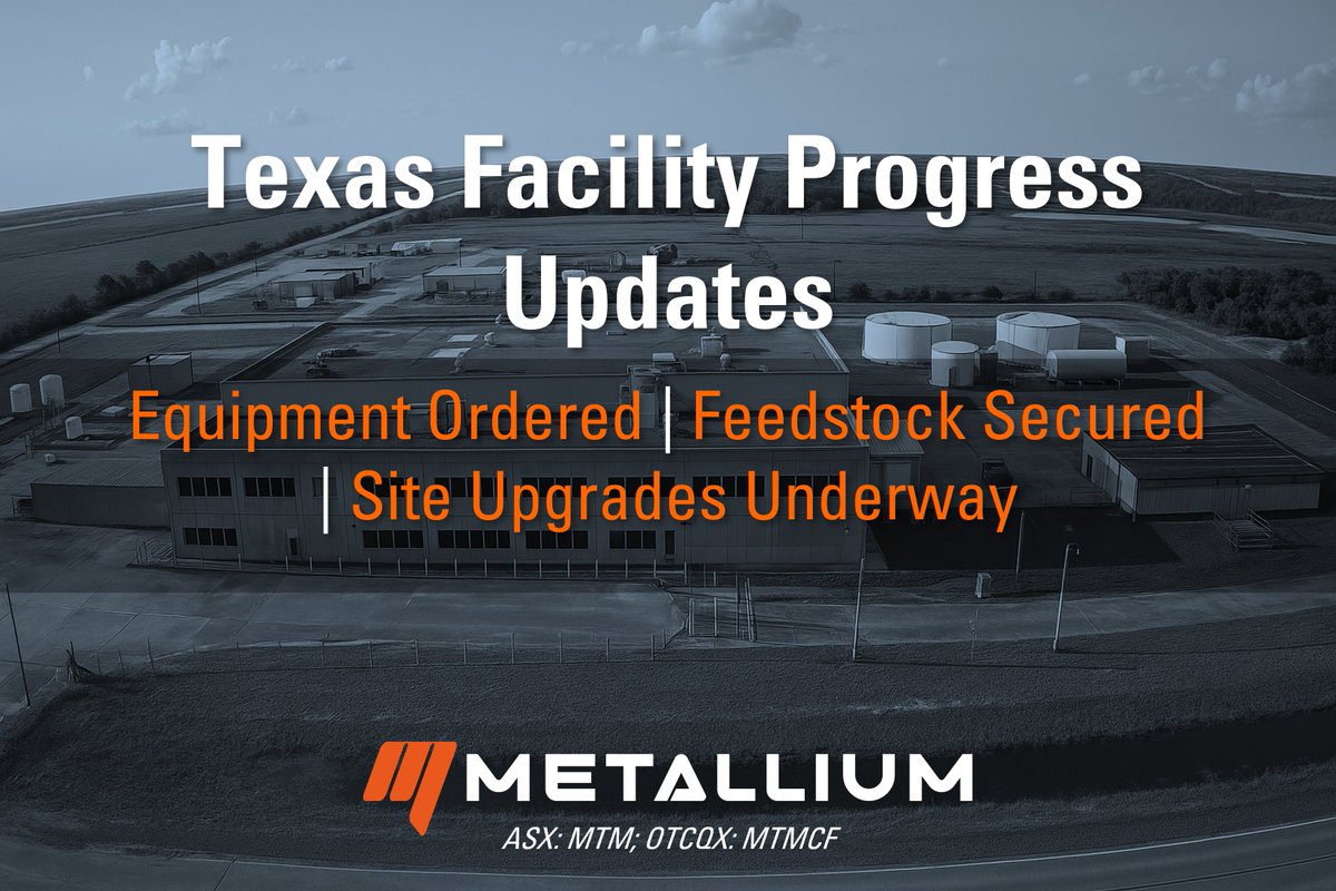 Metallium_MTM's tweet photo. Metallium (ASX:MTM | OTCQX:MTMCF) achieves key milestones at its Texas Technology Campus – critical equipment ordered, site upgrades advancing, and commissioning feedstock secured.
🔗 https://t.co/znVXvoXl9d https://t.co/a6jUdqrAEL