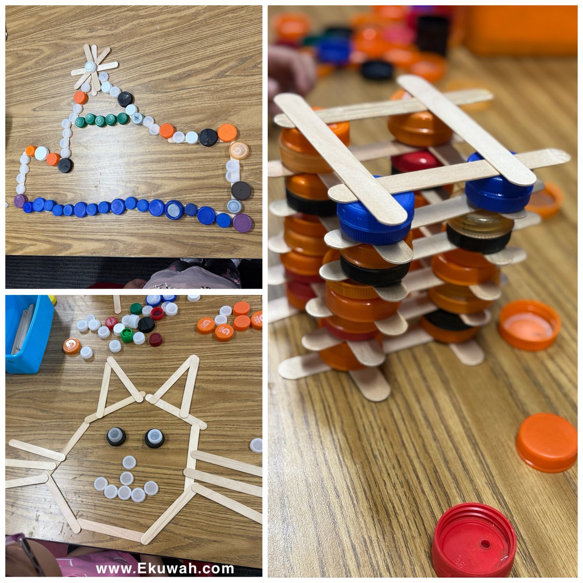 What would you build with bottle caps and jumbo craft sticks?

Here are just three creative takes: a cat, an apartment complex, and a school.
Now imagine the rest!

Simple materials. Endless possibilities. 💡#STEM