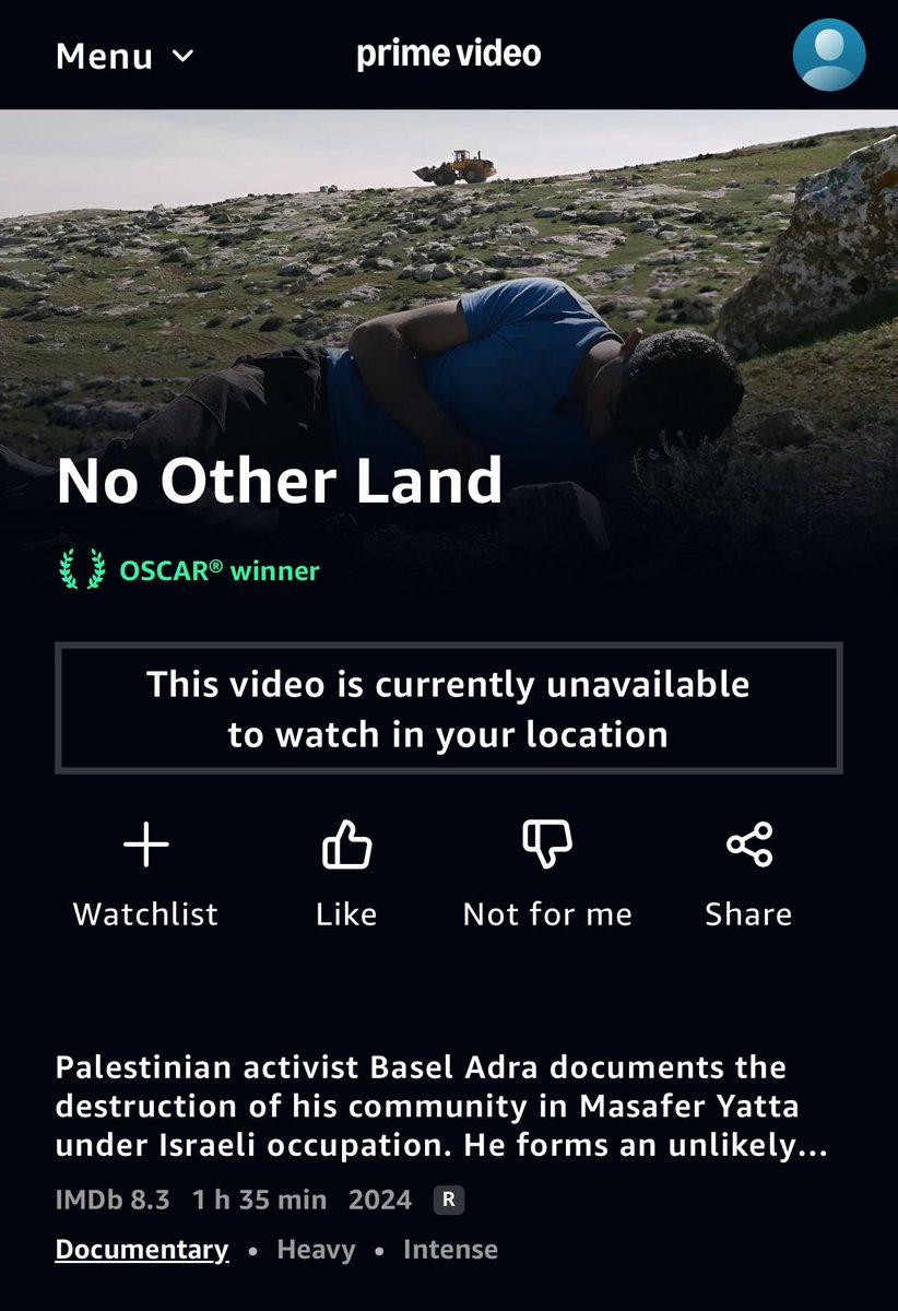 The film “No Other Land” won the Academy Award this year for best documentary feature. 

And you can’t watch it if you live in the US. It’s not available ANYWHERE. 

I wonder why? 🤔 

If anyone has a lead on where to watch in the US, please share! Please don’t suggest a VPN…