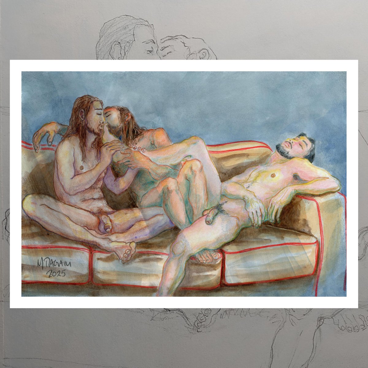 .
FOR SALE
.
"Sobre a tarde", 2025
Watercolor, colored pencils on paper
Dimensions: 10x14inch (25x35cm)
USD$500
.
More information by DM
.
#drawings #watercolor #painting #art #ilustration #nudeart #nudefineart #visualart #gayart #gayartist