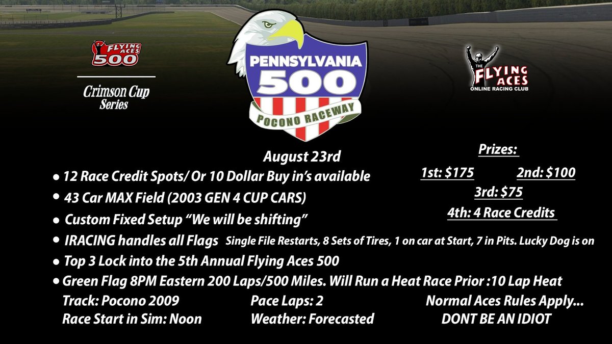 Saturday, August 23

<a href="/Ole4Name/">Warren Kyle Keith</a> (Warren Keith) takes us to <a href="/PoconoRaceway/">Pocono Raceway</a> for the Pennsylvania 500!

Event Info: tinyurl.com/Pennsylvania500