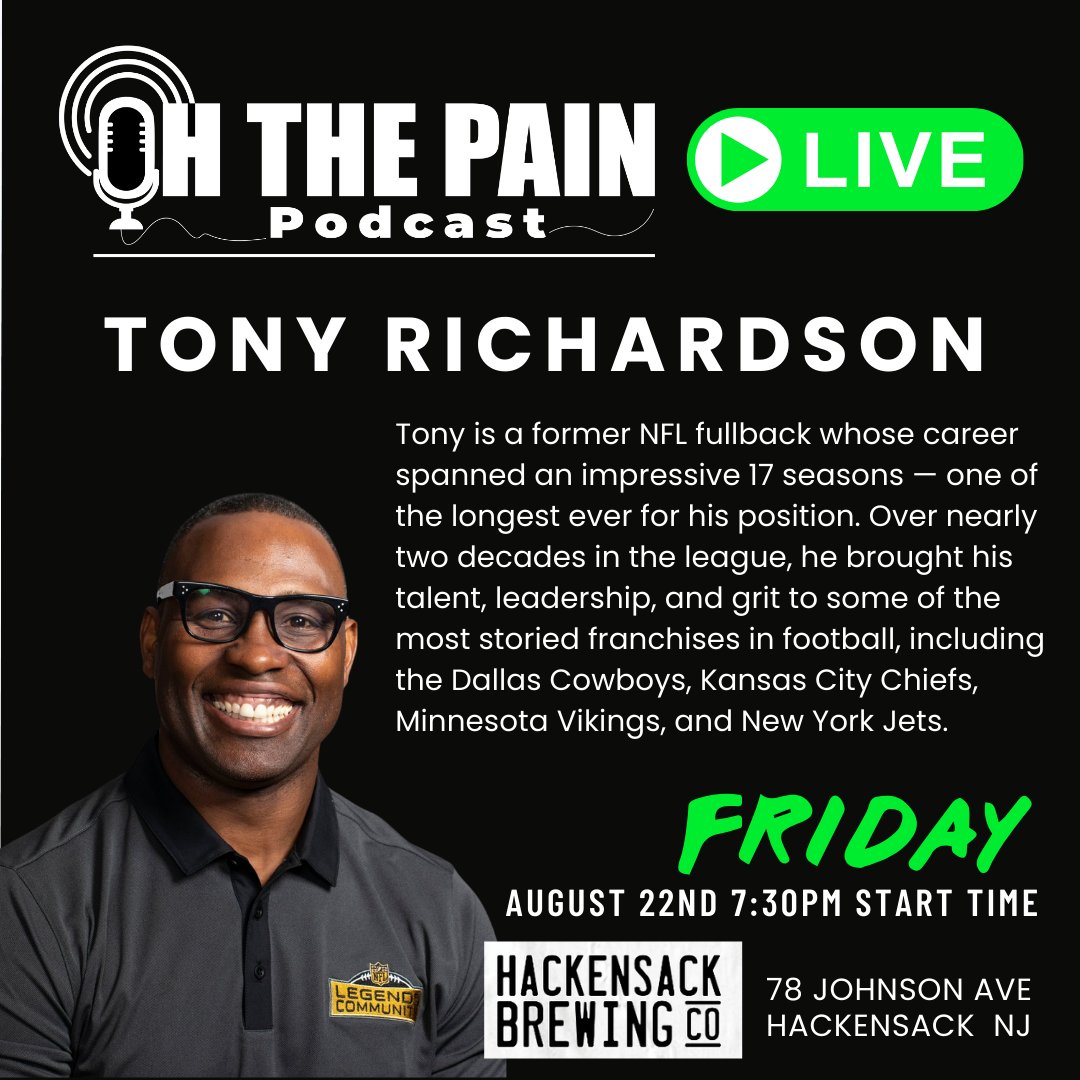 JoeBenigno_real's tweet photo. 🎙️ Oh The Pain Podcast LIVE!
📅 Fri, Aug 22 • 7:30PM
📍 Hackensack Brewing 

Joe Benigno joined by Jets legend Tony Richardson + veteran baseball insider John Harper.
Sports, laughs &amp; a little pain 🍻 Don’t miss it!
#OhThePainPodcast 
@49TRich
@NYNJHarper 
@HackensackBrew1 https://t.co/91vQ9PrJzk