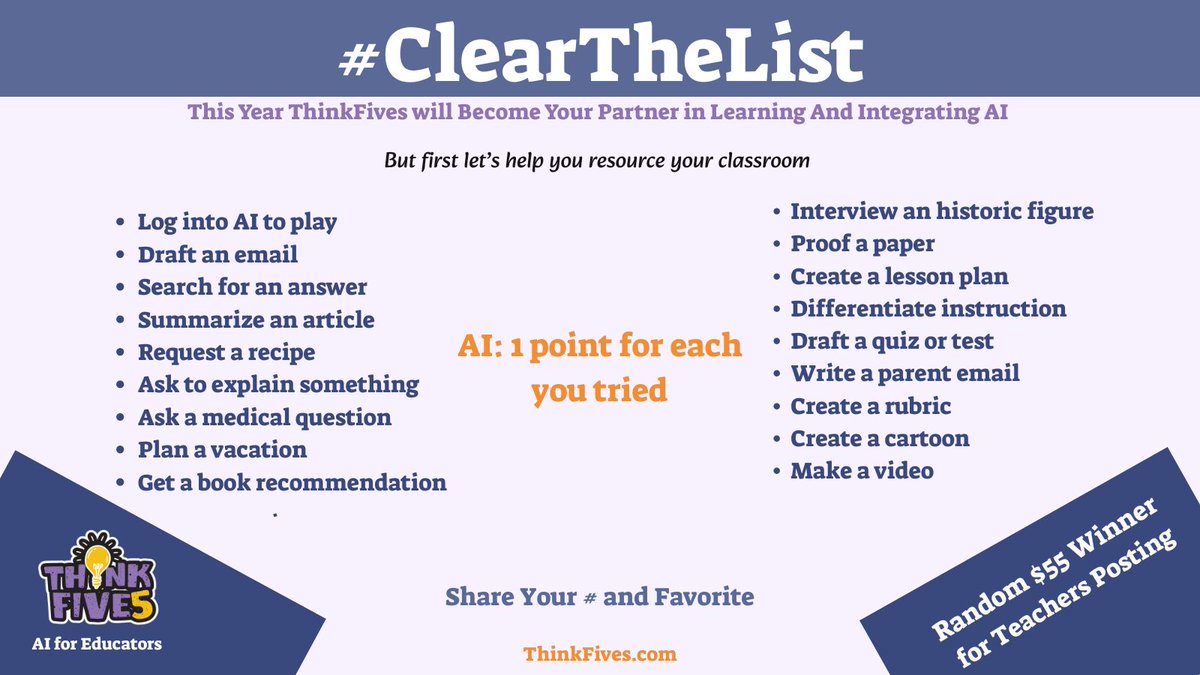AI may not fix the copier jam (yet 😅), but it can sure make a teacher’s life easier! 🍎🤖

Post your # + favorite AI use with #ClearTheList ✨ $55 prize for teachers every week!