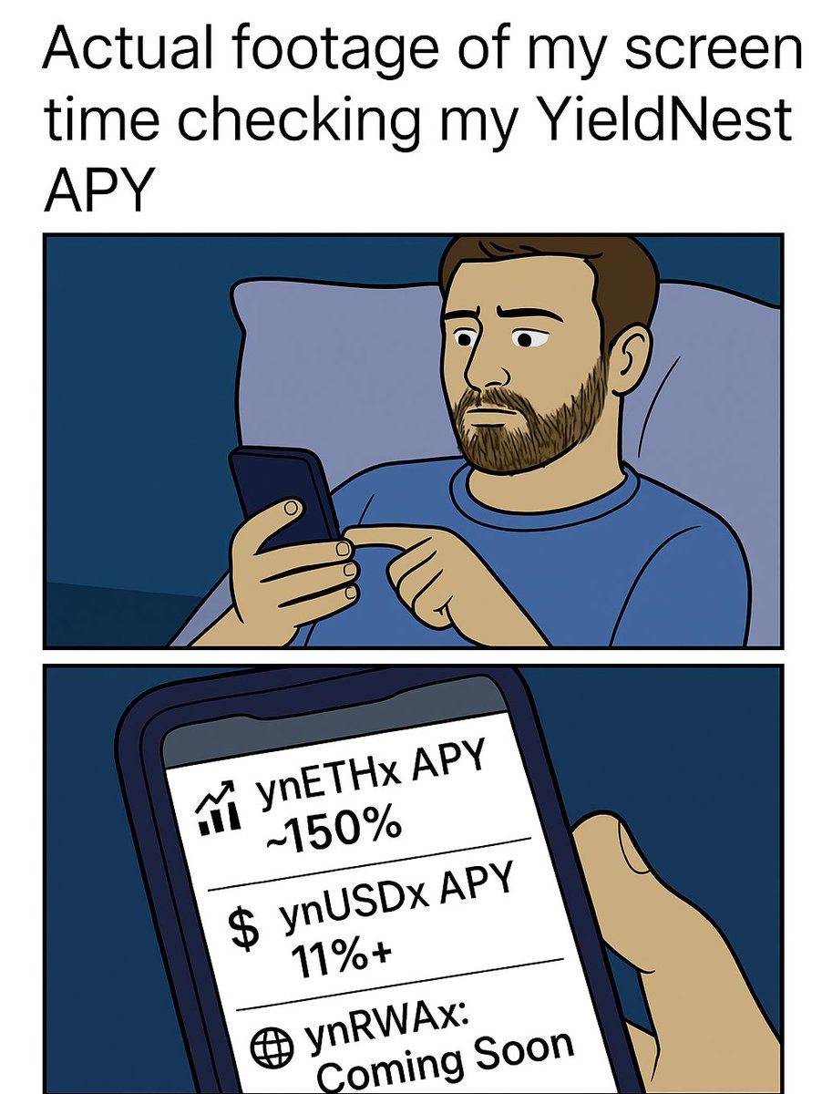 jude_pexrey's tweet photo. Me every night checking @YieldNestFi APYs 🤯
ynUSDx 11%+ | ynETHx ~150% | ynRWAx coming soon 👀
One token, endless rewards.
#DeFi #YieldNest” https://t.co/t9sB4VZygT