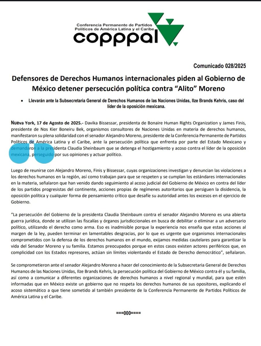 Jorge González Ilescas (@jvgilescas) on Twitter photo Defensores De Derchos Humanos Internacionales piden al Gobierno de Mexico detener persecucion política en contra de "Alito" Moreno.
Asi mismo Presentarán ante la Organización De Naciones Unidas la solicitud. <a href="/alitomorenoc/">Alejandro Moreno</a> <a href="/ONU_es/">Naciones Unidas</a> <a href="/OEA_oficial/">OEA</a> <a href="/copppal_oficial/">copppal-oficial</a> <a href="/GPPRIDiputados/">Diputadas y Diputados Federales PRI</a> Defensores De Derchos Humanos Internacionales piden al Gobierno de Mexico detener persecucion política en contra de "Alito" Moreno.
Asi mismo Presentarán ante la Organización De Naciones Unidas la solicitud. <a href="/alitomorenoc/">Alejandro Moreno</a> <a href="/ONU_es/">Naciones Unidas</a> <a href="/OEA_oficial/">OEA</a> <a href="/copppal_oficial/">copppal-oficial</a> <a href="/GPPRIDiputados/">Diputadas y Diputados Federales PRI</a>