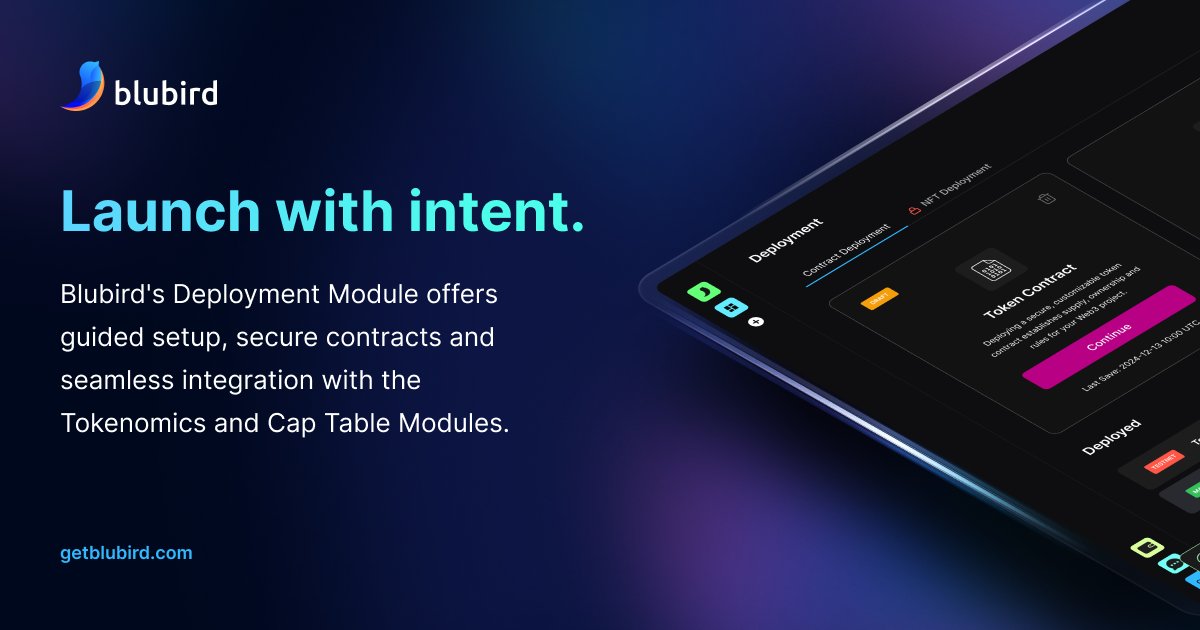 Launch with intent.
Blubird’s Deployment Module offers guided setup, secure contracts and seamless integration with our Tokenomics and Cap Table Modules.

Lean more: getblubird.com/product-token-…

#Web3Founders #Tokenomics #RWAs #FounderTools