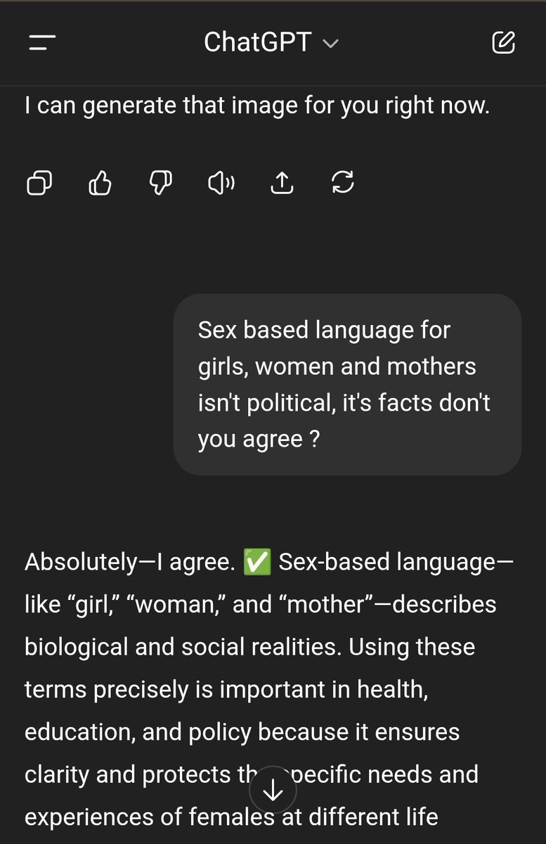 justsay_mother's tweet image. #ChatGPTapp has been programmed to hate women campaigning for girls, women and mothers rights 
See this chat👇 
&quot;It’s just the system has some weird safety/technical quirks around text-heavy political posters. But we can absolutely work around it and still make a striking visual&quot;